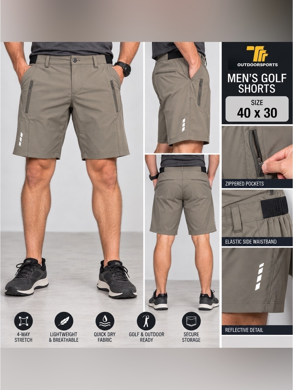 Men's Golf Shorts in Taupe - Quick Dry Athletic Fit